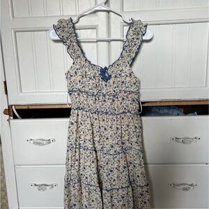 Floral Smocked Midi Dress in Cream and Blue